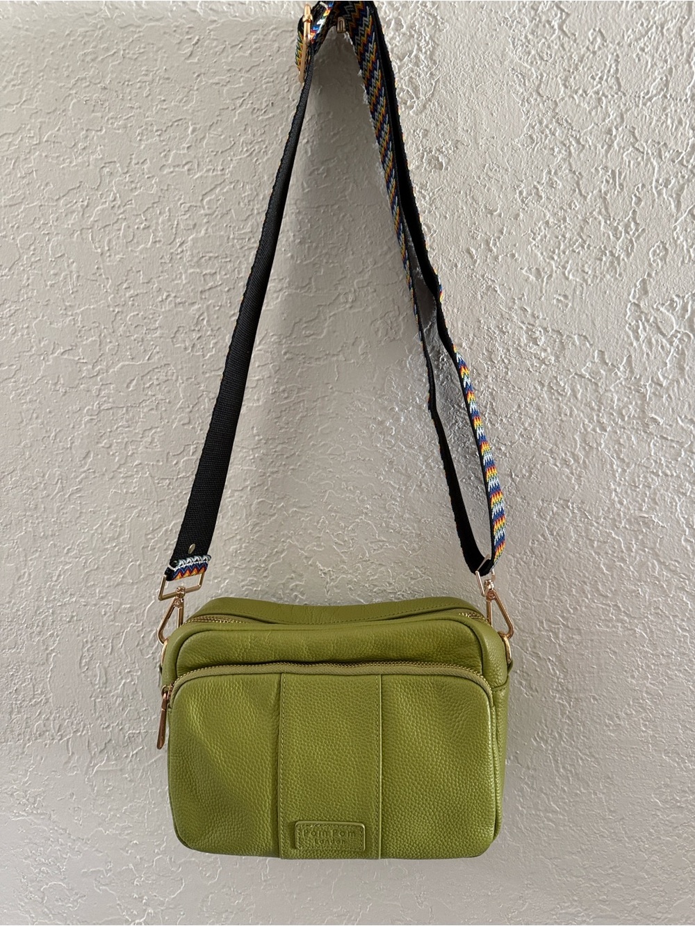 Pom Pom London Original Plus Leather Crossbody Bag w/ 2 guitar stripes 1 leather